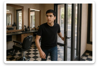 Shu odamni sartaroshxonaga kirib kelayapti  o'smirin davri rakurs ichkaridan sartaroshxona eski ham yangi ham emas bolani juda semiz qilib yuborma  u ozg'inroq bo'lsin huddi sartaroshxonani  hammadan oldin kelib ochsin sticker