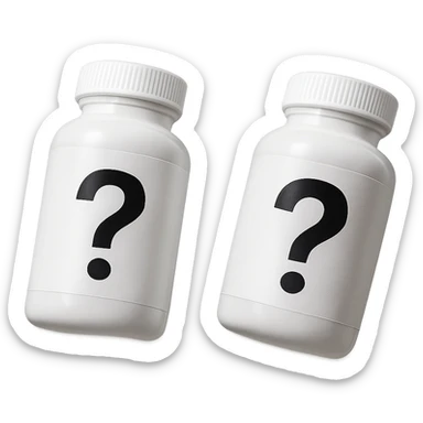 DUE BOCCETTE DI INTEGRATORI BIANCHE CON PUNTO INTERROGATIVO NERO SULL'ETICHETTA FLUTTUANO IN ARIA, IPERREALISTICA 4K sticker