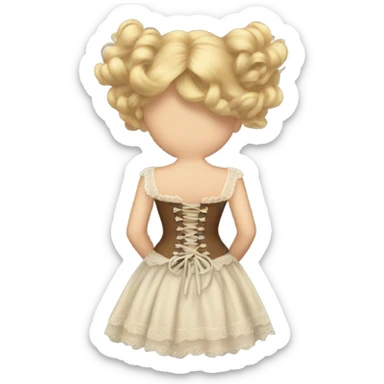 a blonde girl with brown hair standing with her back tied an old corset on a fluffy dress sticker