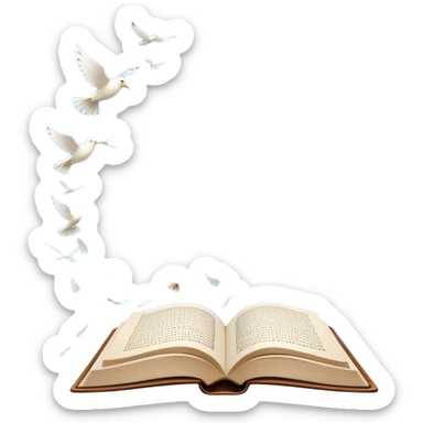 Icon for Poetry Reading: an open book with pages flying out, transforming into a large flock of small white birds soaring into the blue sky. The icon should evoke the freedom and beauty of poetic expression. Transparent background. sticker