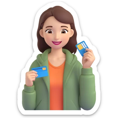 memoji of a charismatic, successful girl, smiling with slight fatigue, one eye half-closed, in casual chic clothes, holding credit cards sticker