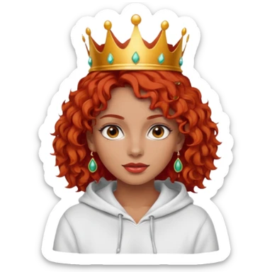 
Slim girl with a fine face, dark and tanned skin, medium-length curly tomato-red hair, dark eyes, medium-thick eyelashes, and a crown and earrings, wearing a white hooded sweatshirt. sticker