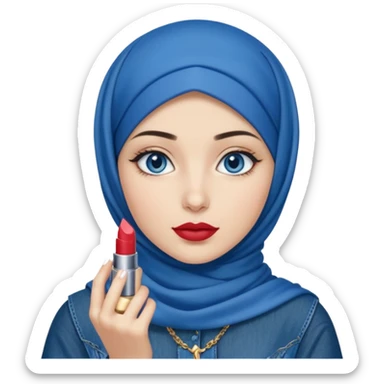 Turkish beautiful finish Konya girl blue eyes with blue denim hijab islamic dress and had on her hand ysl lipstick  sticker