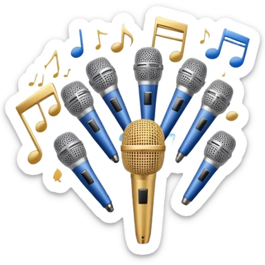 Create a harmonious and elegant emoji that represents choral singing. The design should feature multiple microphones arranged in a semi-circle, symbolizing a choir. Add musical notes flowing around to represent the harmony and unity of the voices. Include subtle elements like sheet music or a conductor's baton to reflect the organized aspect of choral performance. Use colors like gold, silver, and soft blue to evoke a sense of togetherness, professionalism, and grace. The background should be transparent. sticker