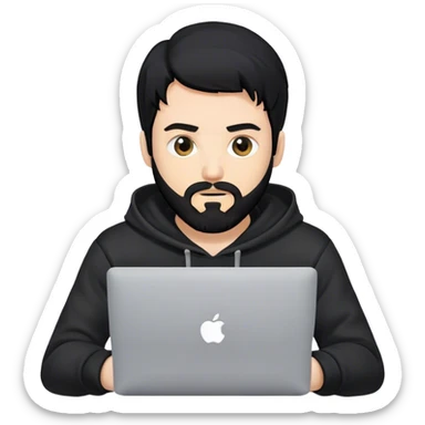hackeur blanc cheveux noir barbe et capuche noir avec un macbook sticker