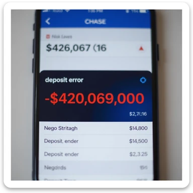 a iphone screenshot showing a chase bank balance of -$420,069,000, "deposit error" the numbers are shown in red, indicating a negative balance sticker