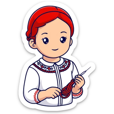 A young Ukrainian girl in a white embroidered shirt holds a red thread and a needle in her hand sticker