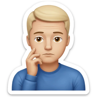 Create an emoji-style illustration of a man thinking. Show him with a hand on his chin, raised eyebrow, and a thoughtful expression. Soft gradients, rounded shapes, clean minimal emoji look sticker