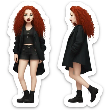 pale, punk woman, long curly red hair, full body, baggy dark clothes, red lipstick sticker