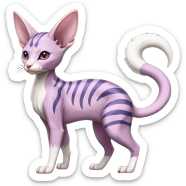 Furry, Purple, white, black, Minccino-Sphynx-Lykoi-Linoone-Zangoose-fusion-hybrid-animal-Fakémon-creature, full body, thin long sleek scaly tail, intricate markings sticker
