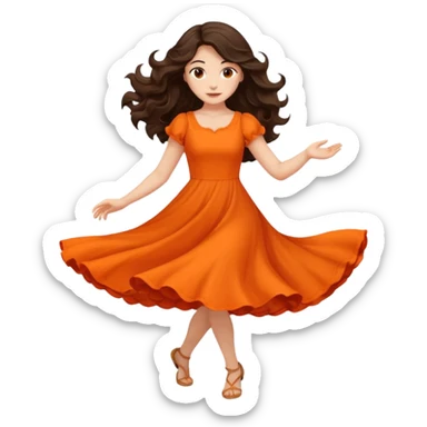 Long dark wavy hair women in orange standing spinning twirling around sticker