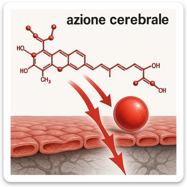 hyper realistic red astaxanthin molecule crossing a blood-brain barrier, scientific atmosphere, white background, red arrows, with text 'Astaxantina: azione cerebrale' sticker