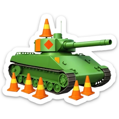 a tank with traffic cones flattened under its treads, emoji style sticker