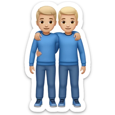Two cartoon-style two  boy with similar features, arms around each other's shoulders, smiling, matching outfits, standing close, white background, emoji style sticker