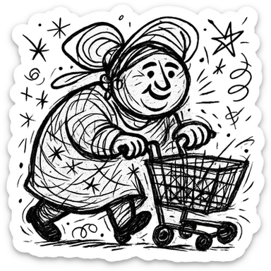 hand-drawn Uzbek woman with a shopping cart, chaotic energy sticker