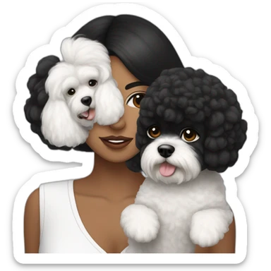 mujer piel blanca cabello negro con perro bichon blanco sticker