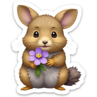small round pika on all fours, turned at an angle, with a little light purple flower in its mouth sticker