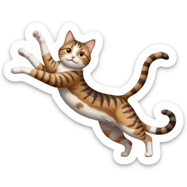 brown tabby and white cat with doing a big extremely long stretch reaching up into the air with arms and legs side by side together straight and overextended whilst lying on its side sticker