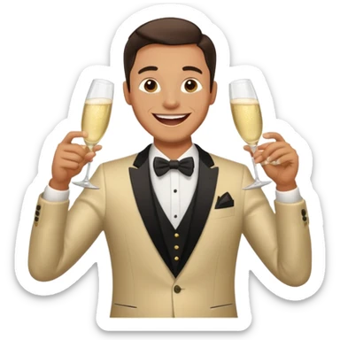 A happy man in party clothes laughs while drinking champagne straight from the glass. sticker