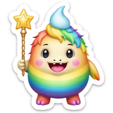 Kawaii derpy fat rainbow monster with magic wand, rich textures, visually rich, so lifelike that it feels like it could leap off the page at any moment sticker