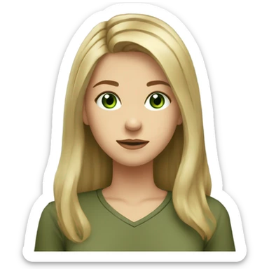 pretty teenage girl with long dirty blonde hair parted in the middle, green eyes, and wearing an olive green shirt sticker