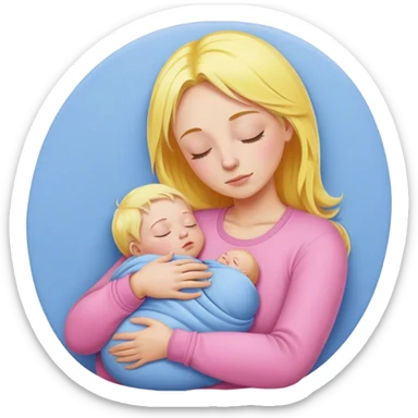 Mother is holding a baby, the mother has yellow hair and pink clothes, the baby is sleeping in blue clothes sticker