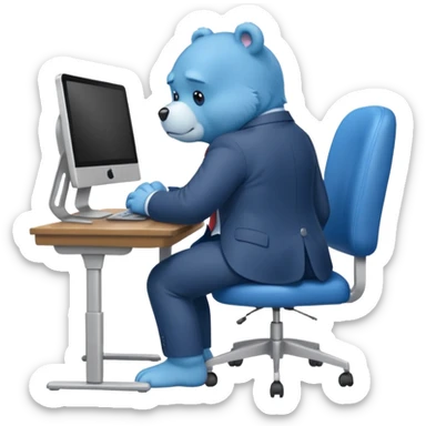 Blue Care bear sad in suit back view, sit on a chair, working on a computer, with a big desk sticker