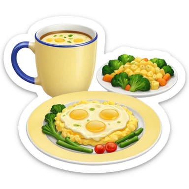 plate with eggs and veggies,  on the side one coffee in cute mug sticker