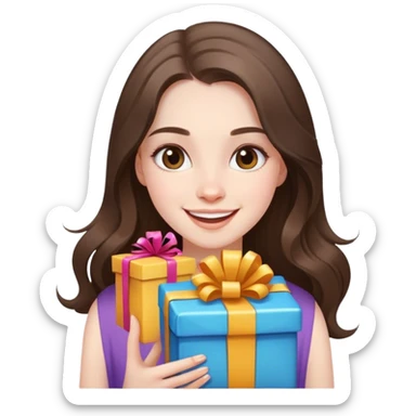 happy beautiful pale brunette girl with long hair with birthday presents sticker
