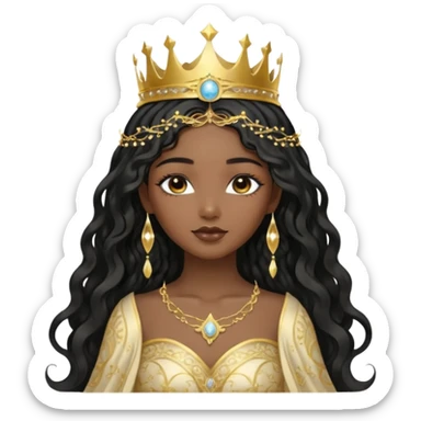 a black beautiful angel with gold pattern on her face and and long wavy black hair, she wears a ethereal crown with sparkling strings and a beautiful sparkling golden gown with moon crest in the middle of the gown, her face calm, gentle and kind, magical aura around her sticker