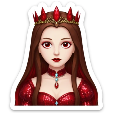 Countess Bathory with long brown hair, red sequin outfit sticker