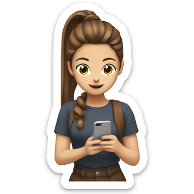 Anime girl with a brown ponytail looking at her phone sticker