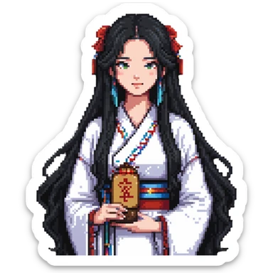 Beautiful girl with long black hair holding a jianghuangsed sticker