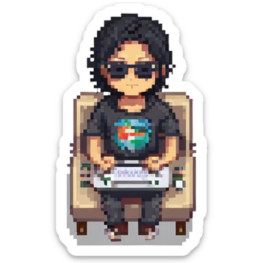 Freelancer, Asian male, black hair, sunglasses, using a laptop, pixel art style sticker