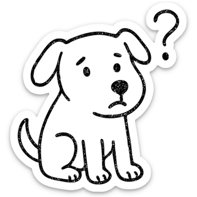 hand-drawn outline of a dog looking puzzled, question mark near face sticker