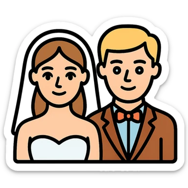 portrait of a bride with light brown hair and grey-blue eyes, and a groom with blonde hair, blue eyes, wearing a brown suit sticker