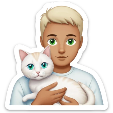 man with white cat, cat with different colored eyes one blue and one green eye sticker