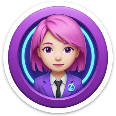 Cute 3D emoji-style girl sexy character with pink hair and purple eyes, inside a circular badge. No hands, no pose. Clean purple suit with a glowing neon-blue ‘C’ logo on the chest, small lightning accent. Smooth Apple-style lighting, friendly expression sticker