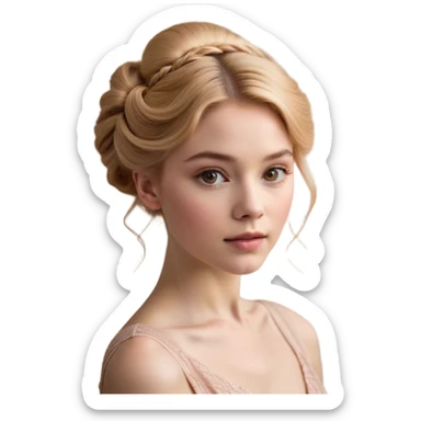 Cinematic Realistic Cinderella Portrait, depicted with lifelike skin texture, subtle rosy undertones, and soft natural lighting that enhances the gentle contours of her face. Her intricately detailed golden blonde hair is elegantly styled in an updo, with delicate wisps framing her face. Her deep, expressive blue eyes radiate warmth and sincerity, reflecting a quiet resilience and grace. She holds a glass slipper gently in one hand, her other hand resting gracefully at her side, emphasizing the timeless beauty of the moment. She is dressed in her iconic ball gown, the fabric shimmering with intricate embroidery and fine translucent layers that catch the light beautifully. The soft sheen of satin gloves adds a magical touch to her graceful pose. The portrait features an enchanting glow with a natural, luminous finish, seamlessly blending realism and fairytale charm to evoke a sense of depth, elegance, and timeless beauty. sticker