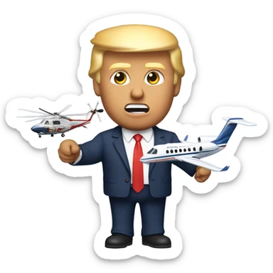 Donald trump by himself holding an airplane in one hand and a helicopter in the other hand smashing them together sticker