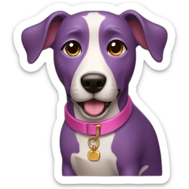 a purple dog with a brown nose and a pink collar with a bone sticker