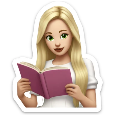 Realistic White girl with Long straight blonde hair, green eyes, tattoos, full body wearing white dress and pink knee-high leather boots, Reading book sticker