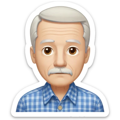 Thin elderly man with light skin. Elongated face with kind expression. Light brown eyes. Thin eyebrows. White goatee and white mustache. Fine straight gray-white hair combed back with some bangs falling on forehead. Slim build. Wearing a blue and beige checkered button-up shirt. sticker