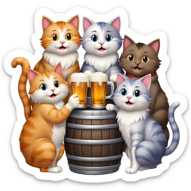 group of 7 cats standing around a beer keg, drinking, all with goofy playful expressions sticker