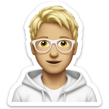 Blond boy wearing white glasses and a white hoodie sticker