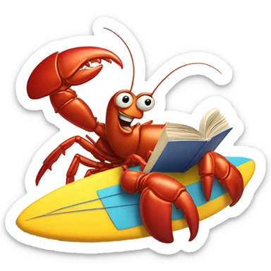A very large lobster reading fine literature while surfing on a huge wave on a surfboard at the beach with and working out  sticker