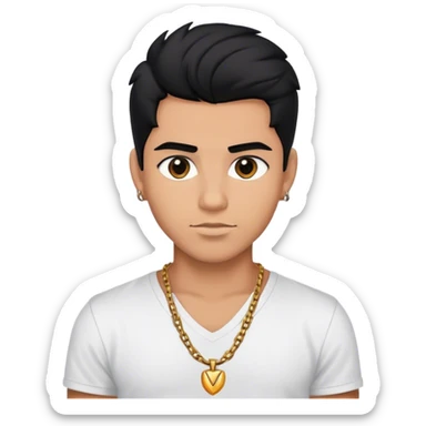 Young Latino male, black hair up, wearing a small chain and a white v-neck t-shirt sticker