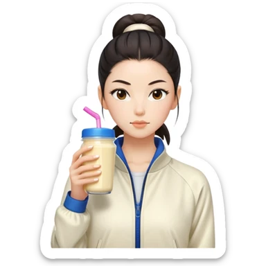 Japanese girl with cream jacket drinking pre workout shake middle part slick back bun sticker