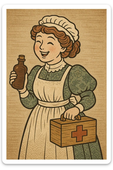 a cheerful Victorian nurse holding medical supplies, ukiyo-e style sticker