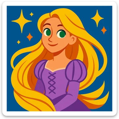a Rapunzel-like girl, long flowing golden hair, lavender dress, bright green eyes, gentle smile, surrounded by sparkles, vibrant cartoon style sticker